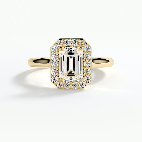 9ct Yellow Gold 1.50ct Emerald Cut Halo Cluster Laboratory Grown Diamond Engagement Ring