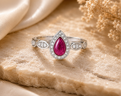 A silver ring featuring a teardrop-shaped pink gemstone surrounded by small clear stones, displayed on a textured beige stone with cream satin fabric and dried flowers.