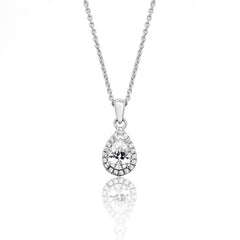 Silver & Co London Sterling Silver Claw Set Halo Style Pear Cubic Zirconium Pendant & Chain
