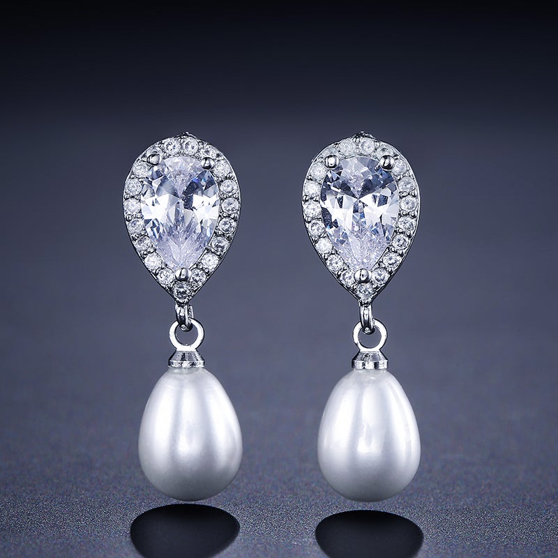 Celeste Teardrop Halo & Pear Pearl Crystal Earrings and Necklace Set
