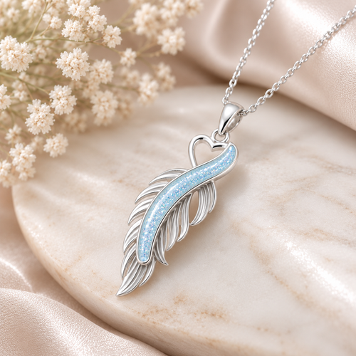 Maci Memories Sterling Silver Feather Heart Ashes Pendant with Chain - Choose your Gem Colour