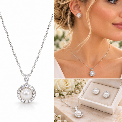 Odette Pearl & Crystal Stud Earrings and Necklace Set