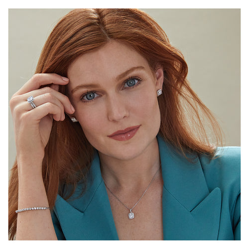 Silver & Co London Sterling Silver Claw Set Halo Style Square Cubic Zirconium Pendant And Chain