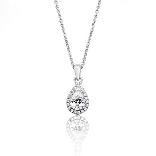 Silver & Co London Sterling Silver Claw Set Halo Style Pear Cubic Zirconium Pendant & Chain