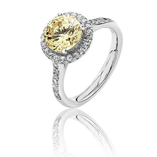 Silver & Co London Sterling Silver Yellow Cubic Zirconium Halo Ring
