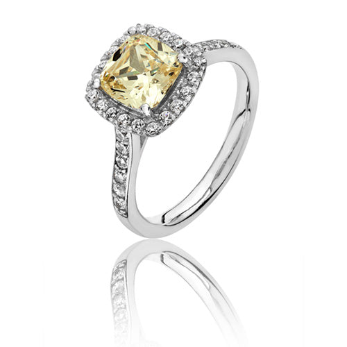 Silver & Co London Sterling Silver Cushion Yellow Cubic Zirconium Halo Ring