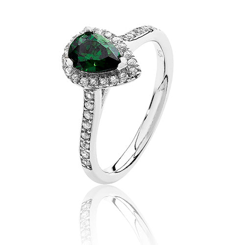 Silver & Co London Sterling Silver Cubic Zirconium And Simulated Emerald Pear Cut Halo Ring