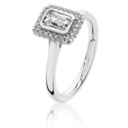 Silver & Co London Baguette Cut Cubic Zirconium Halo Cluster Ring