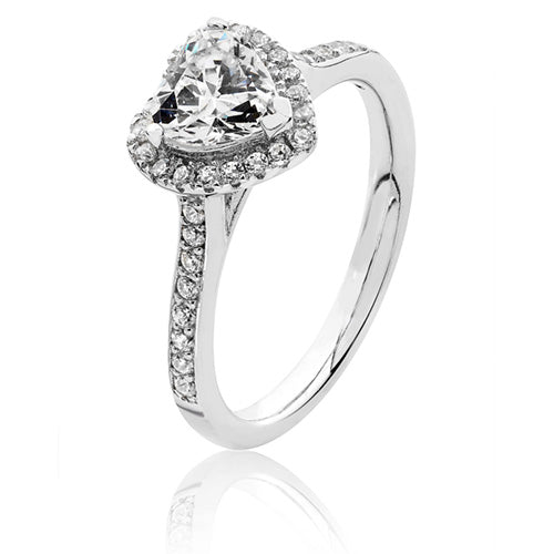 Silver & Co London Sterling Silver Claw Set halo Style Heart Cubic Zirconium Ring