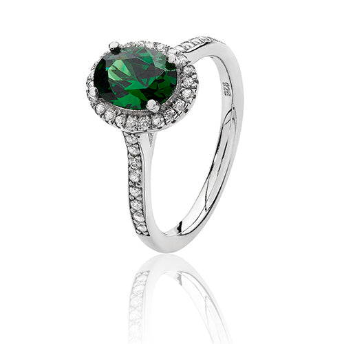 Silver & Co London Sterling Silver Cubic Zirconium And Simulated Oval Emerald Halo ring