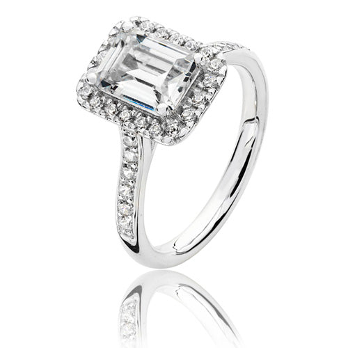 Silver & Co London Sterling Silver Baguette Cut Halo Cluster Ring