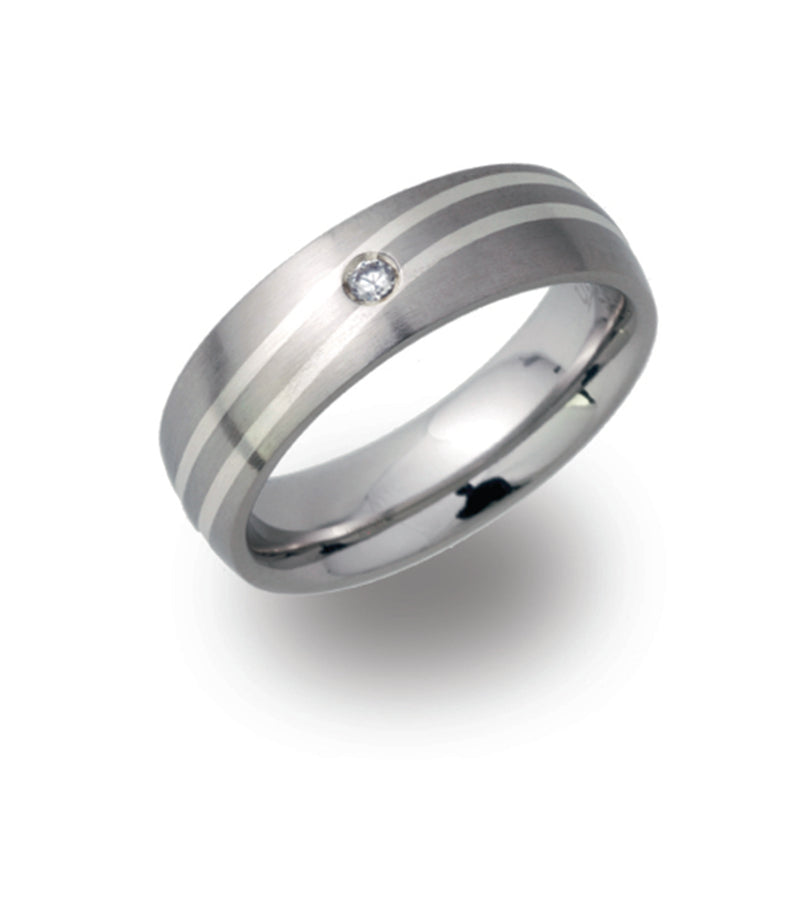 Gents Stainless Steel Ring 6mm Wide With Silver Inlay And Cubic Zirconium R9094CZ