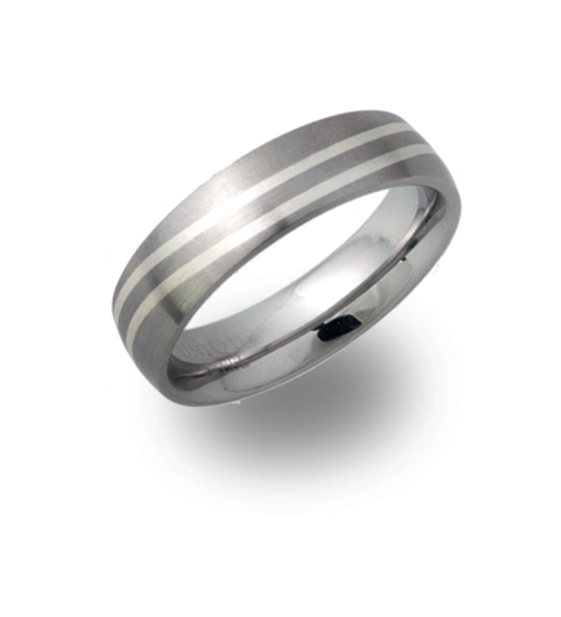 Gents Stainless Steel Ring 6mm Wide With Silver Inlay Lines R9094