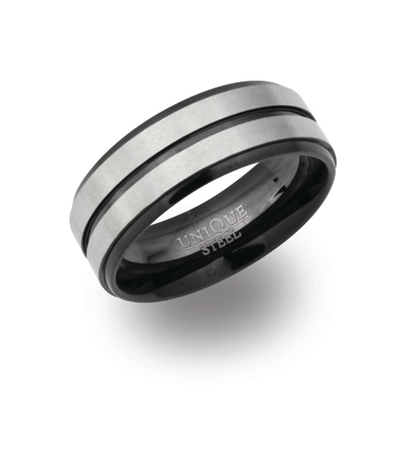 Gents Stainless Steel Ring 8mm Wide With Black IP Plating Tramlines R9105