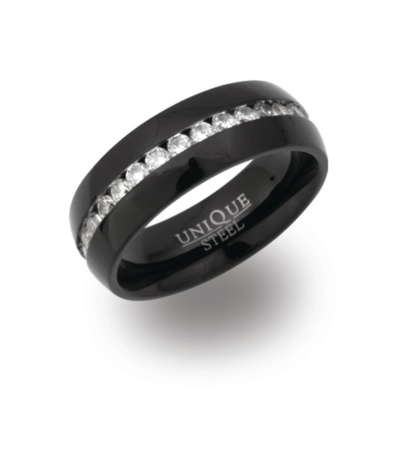 Gents Stainless Steel Ring 7mm Wide With Black IP Plating And Centre Line Of Cubic Zirconium Stone R9107CZ