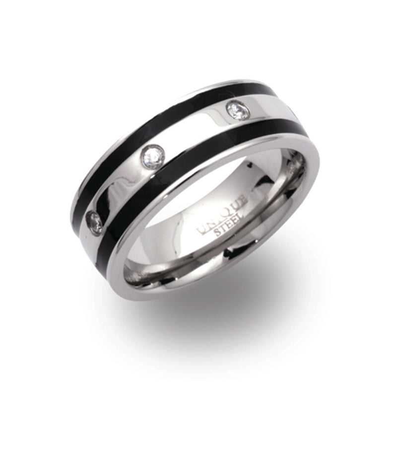 Gents S/Steel Ring 7mm Wide With Black IP Plating And Cubic Zirconium  R9109CZ