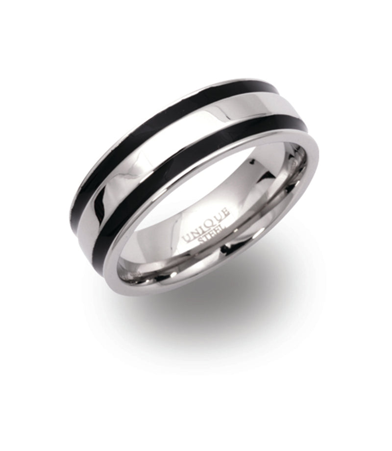 Gents Stainless Steel 7mm Ring With Black IP Plating On Outer Edges R9109