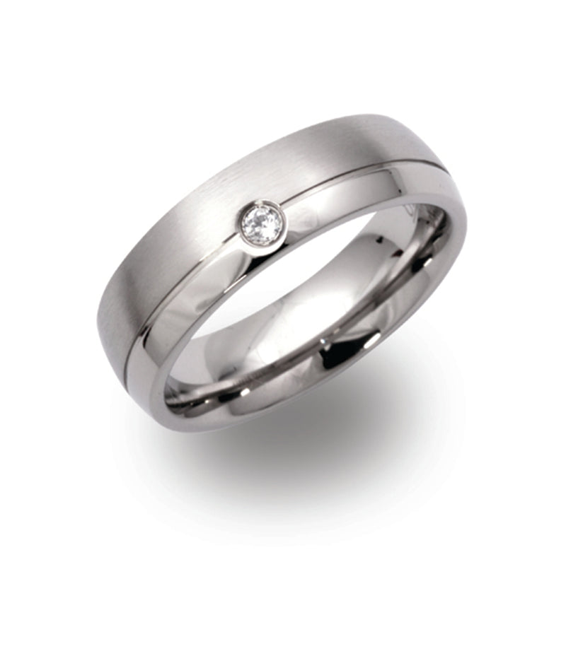 Gents Stainless Steel Ring 6mm Wide With Brushed And Polished Finish And Cubic Zirconium Stone R9111CZ