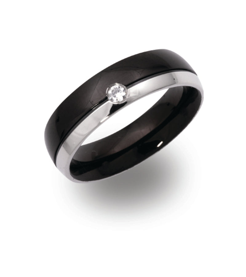 Gents Stainless Steel 6mm Wide With Black IP Plating And Cubic Zirconium Stone R9112CZ