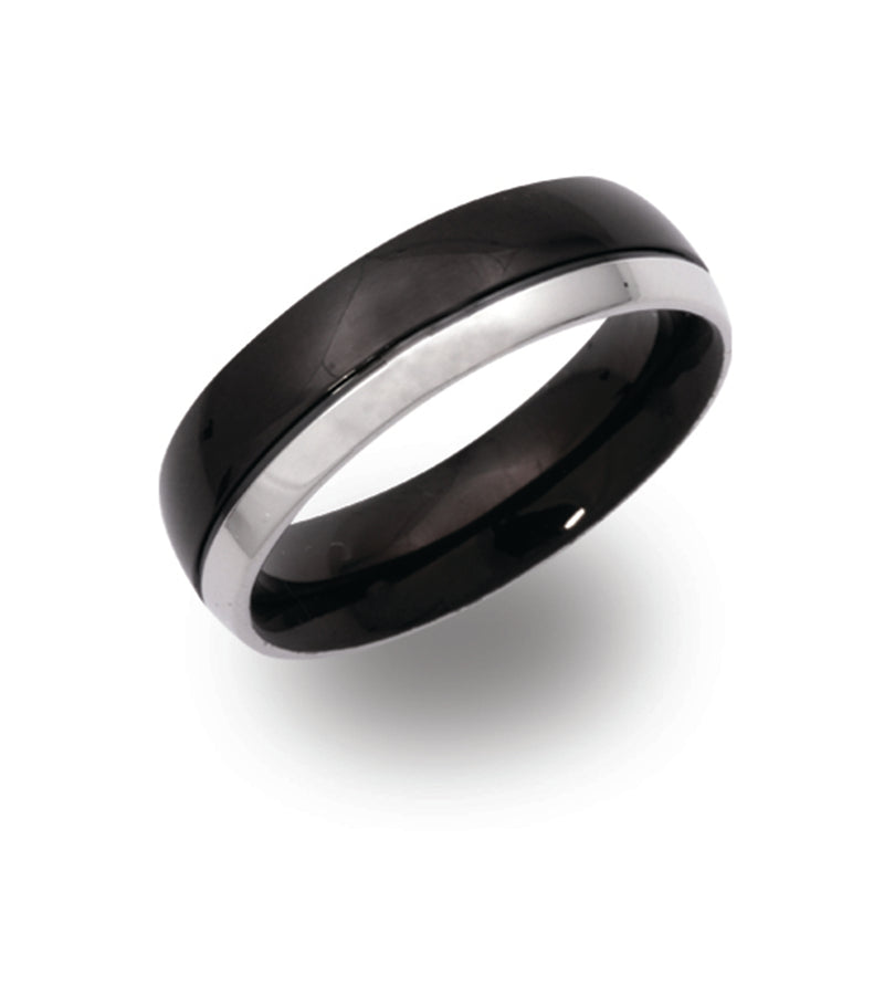 Gents Stainless Steel Ring 6mm Wide With 3/4 Black IP Plating And 1/4 Polished Finish R9112