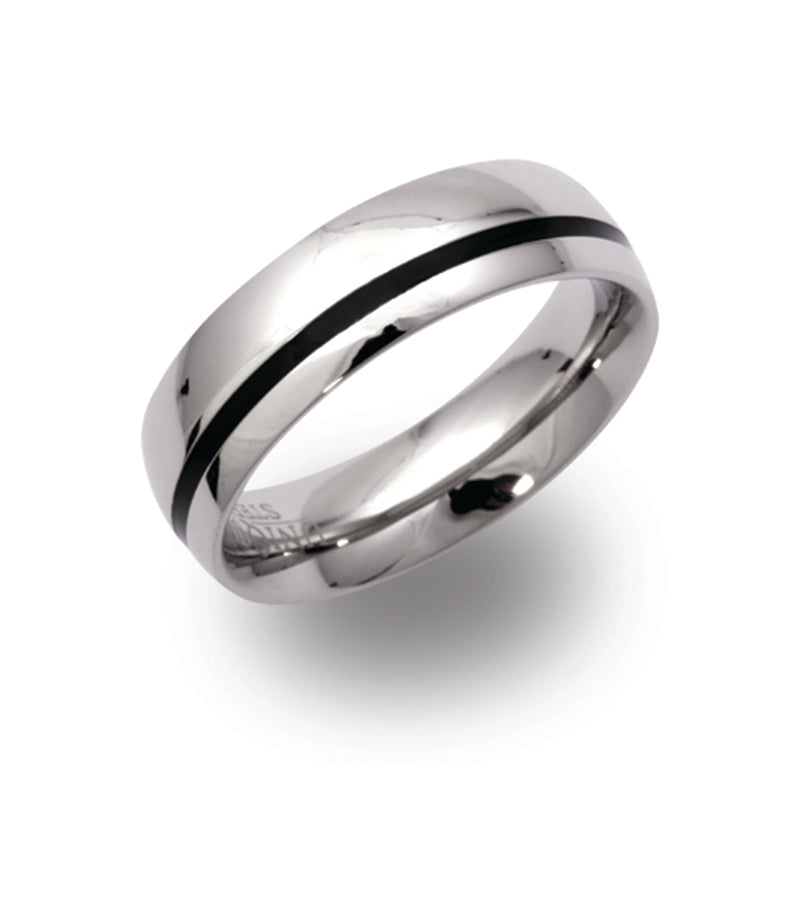 Gents Stainless Steel Ring 6mm Wide With Offset Black Enamel Tramline R9114