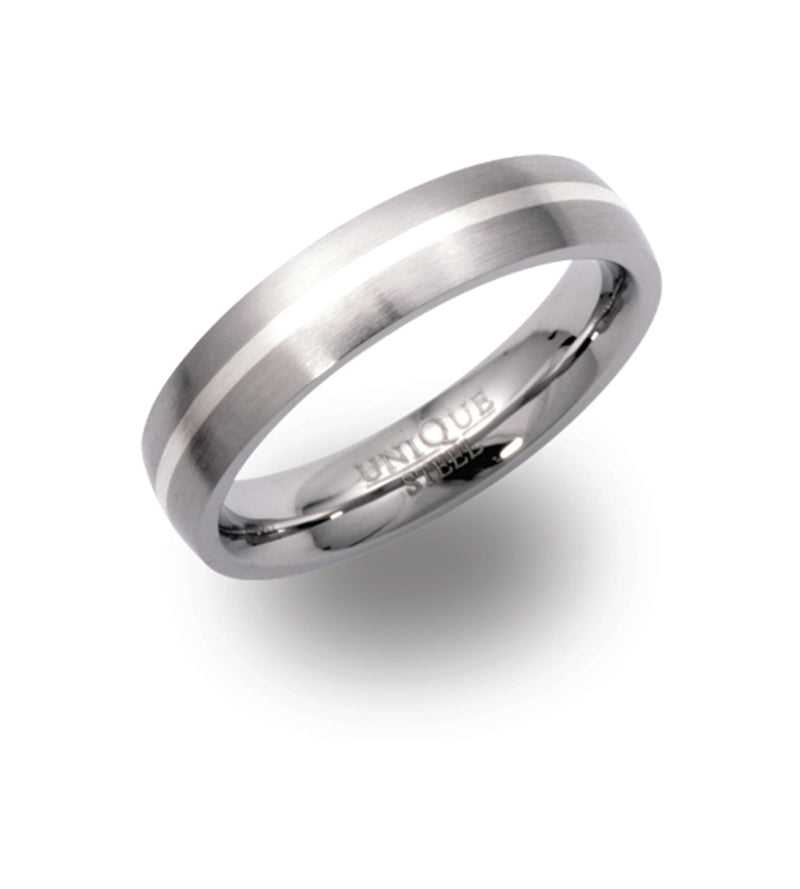 Gents Stainless Steel Ring 5mm Wide With Centre Silver Inlay Line R9118