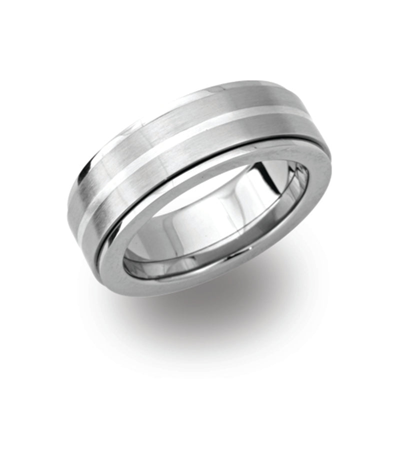 Gents Stainless Steel Ring 8mm Wide Spinner Ring With Silver Inlay Centre Line R9122