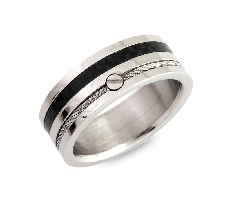 Gents Stainless Steel Ring 7.5mm Wide With Carbon Fibre And Steel Wire Inlays R9169