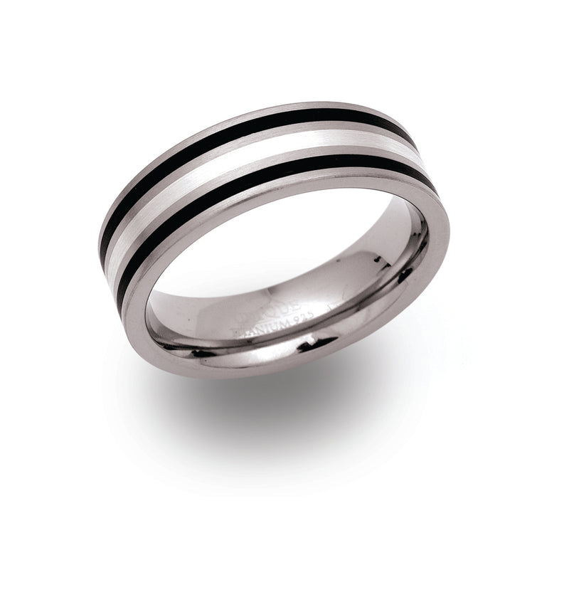 Gents Titanium Ring 7mm Wide With Silver And Black Enamel Inlay TR-48