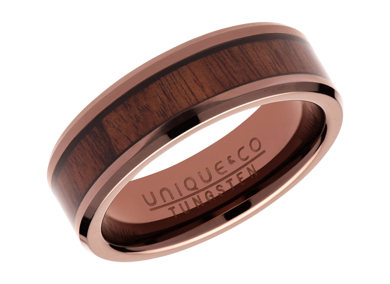 Gents Tungsten Ring 7mm Wide With Wood Inlay And Brown IP Plating TUR-101