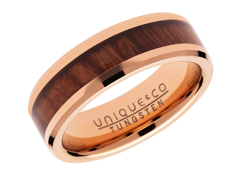 Gents Tungsten Ring 7mm Wide With Wood Inlay And Rose Gold IP Plating TUR-102
