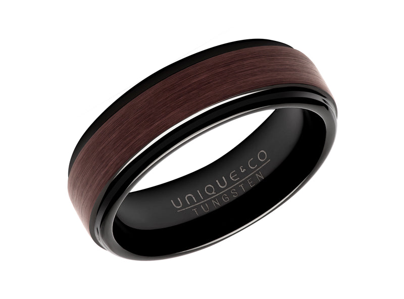 Gents Tungsten Ring 7mm Wide With Brown And Black IP Plating TUR-108