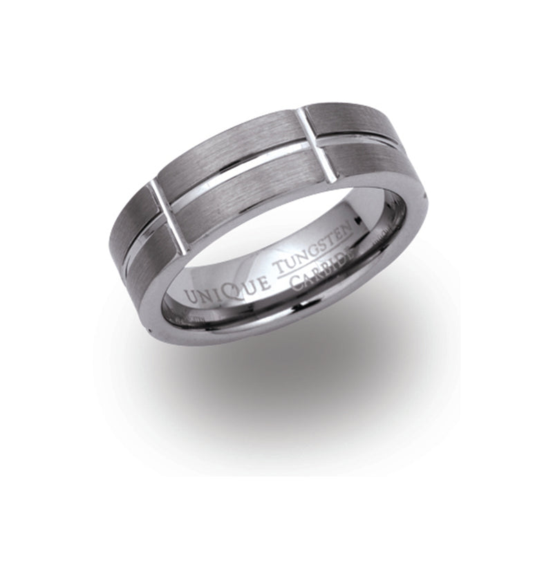 Gents Tungsten Ring 7mm Wide With Centre And Small Divider Tramlines TUR-10