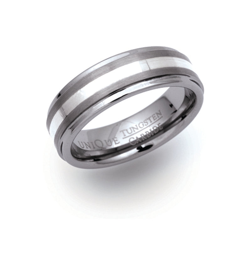 Gents Tungsten Ring 7mm Wide With A Silver Inlay TUR-13