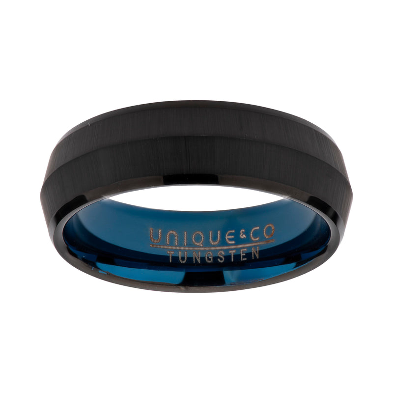 Gents Tungsten Ring 7mm Wide With Black And Blue IP Plating TUR-92