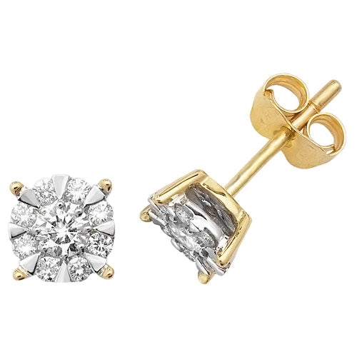 9ct Yellow Gold Ladies Diamond Illusion Set Stud Earrings