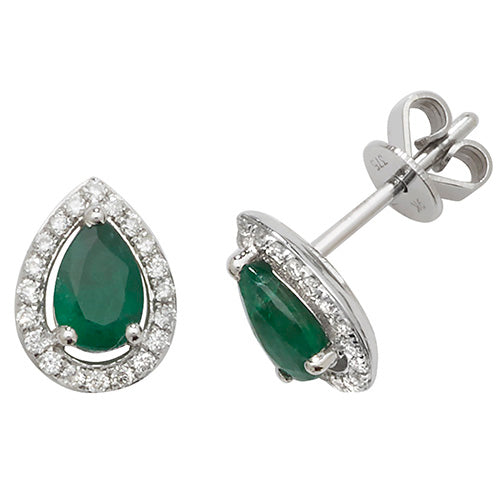 9ct White Gold Emerald and Diamond Pear Halo Earrings