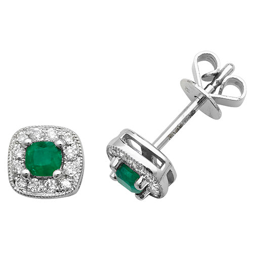 9 ct White Gold Emerald and Diamond Cushion Cut Earrings