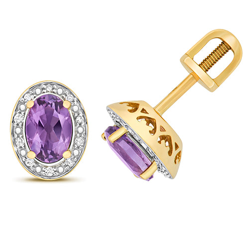 9 ct Gold Amethyst and Diamond Oval Stud Earrings