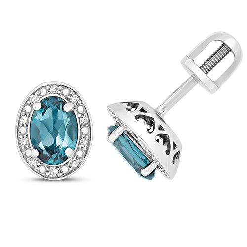 Ladies 9ct White Gold Diamond And London Blue Topaz Oval Stud Earrings