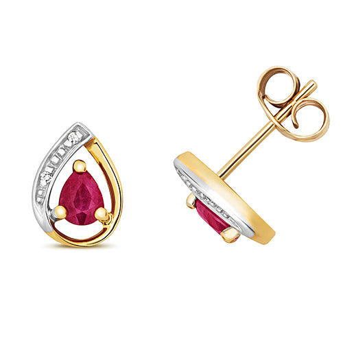Ladies 9ct Yellow Gold Diamond And Ruby Stud Earrings