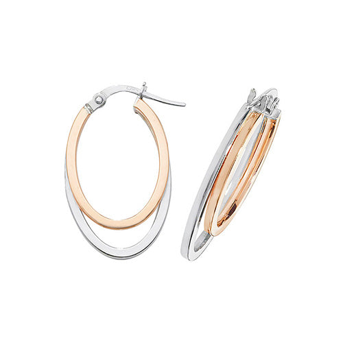 Ladies 9ct Rose And White Oval Double Hoop Earrings