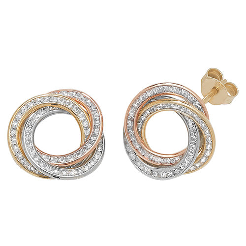9ct Gold Tricolour Cubic Zirconium Stud Earrings