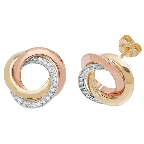 9ct Yellow, White And Rose Gold Cubic Zirconium large Knot Stud Earrings