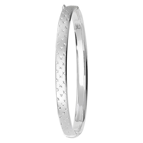 Sterling Silver Ladies Oval Diamond Cut Frosted Hinged Bangle
