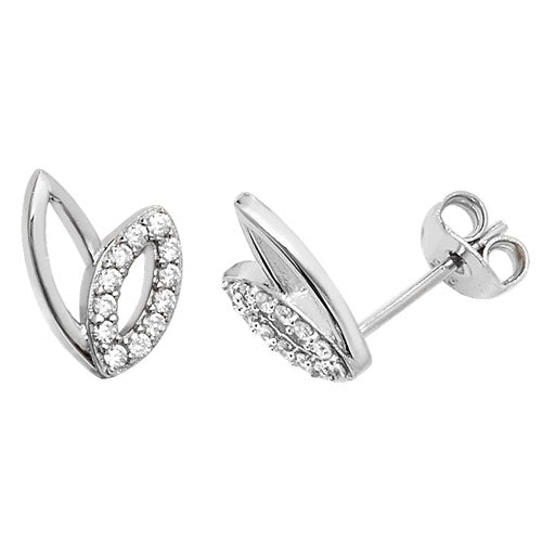 Sterling Silver Open Leaf Stud Earrings Set With Cubic Zirconiums