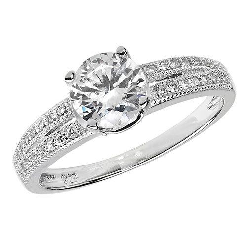 Ladies Silver Centre Cubic Zirconium With Double Row Stone Set Ring