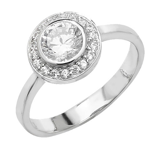 Ladies Silver Rub Over Centre Cubic Zirconium With Stone Set Outer Ring