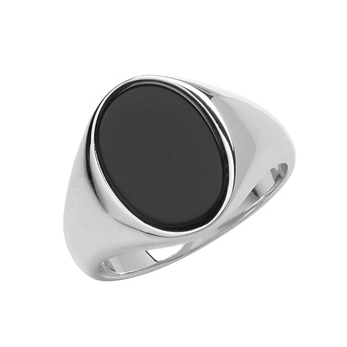 Silver Oval Black Onyx Plain Sides Signet Ring