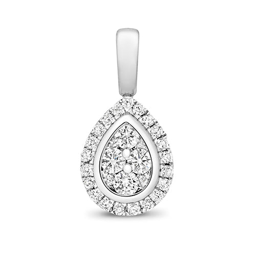 9ct White Gold Pear Shaped Diamond Halo Cluster Pendant And Chain